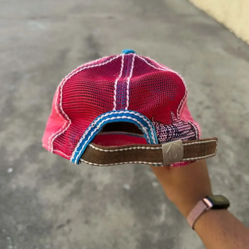 True Religion Rhinestone Distressed Trucker Hat Pink Blue